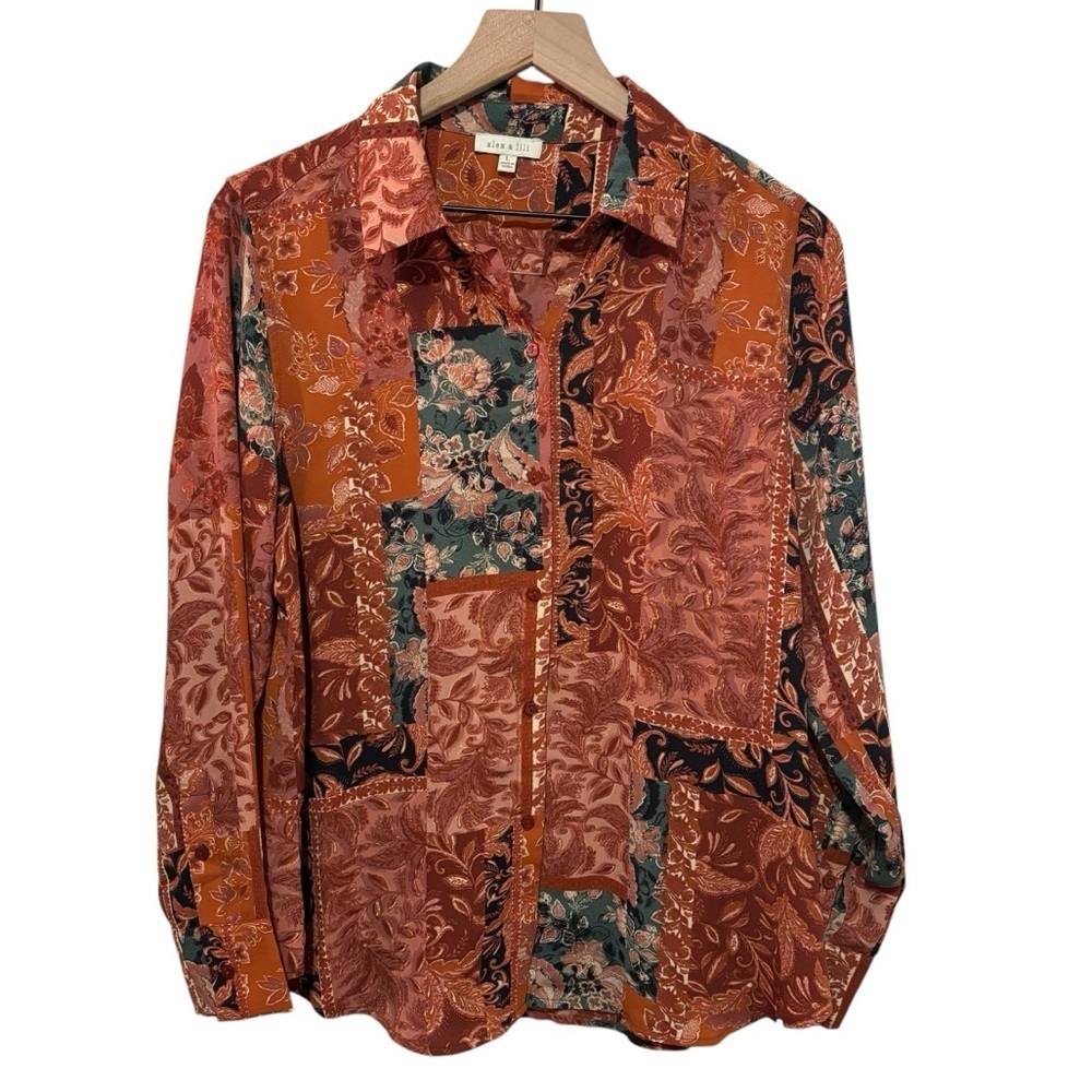 Alex & Lili Floral Patchwork Button Down Blouse Long Sleeve Career Office Large